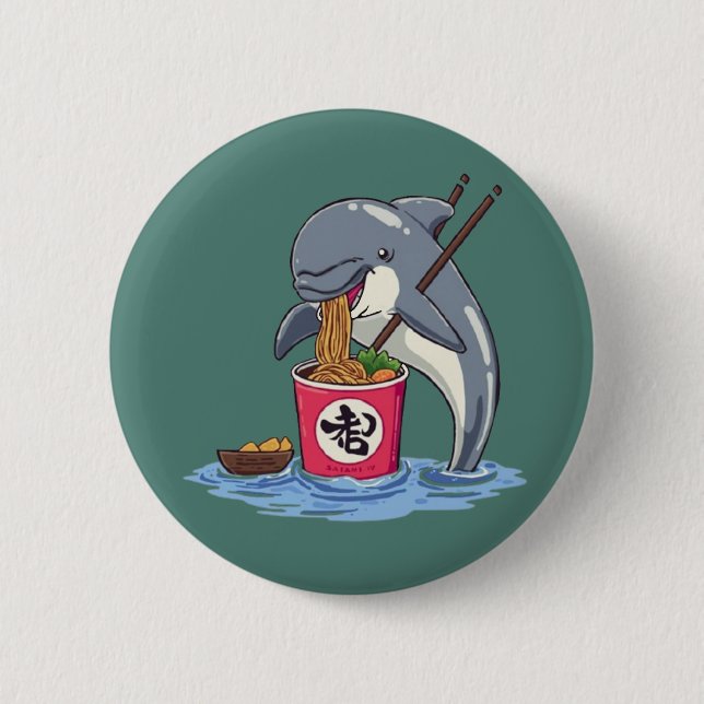 Dolphin Eating Ramen Illustration Button (Front)