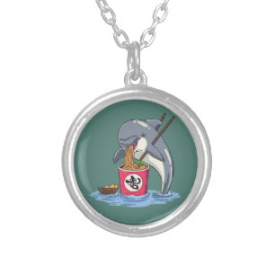 Dolphin Eating Ramen Illustration Silver Plated Necklace
