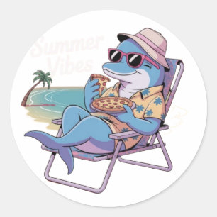 Dolphin eats pizza classic round sticker