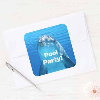 Dolphin Face Underwater Pool Party Birthday Square Sticker by millhill at Zazzle