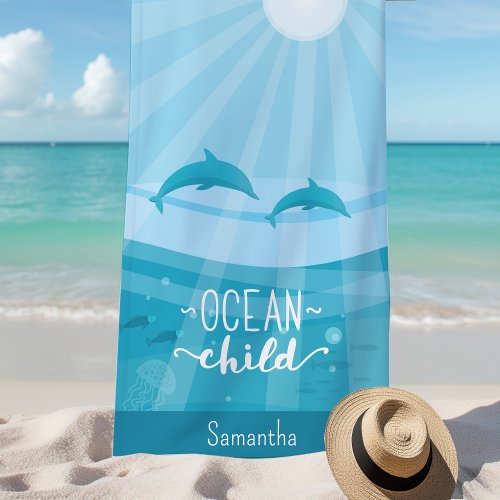 Dolphin Fish Ocean Waves Personalized Beach Towel