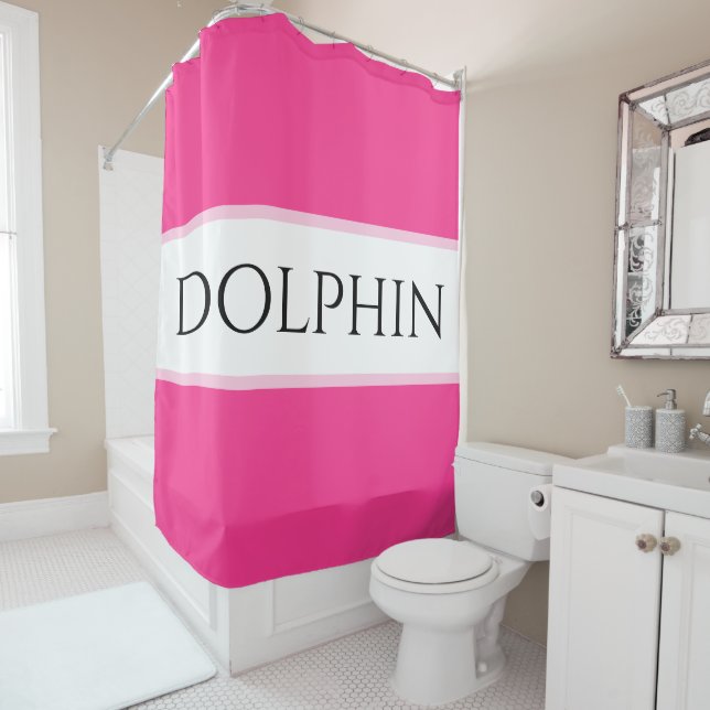 DOLPHIN Fun Bright Tropical Pink White Stripes Shower Curtain (In Situ)