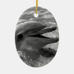 Dolphin head in water mouth open Black and White Ceramic Ornament