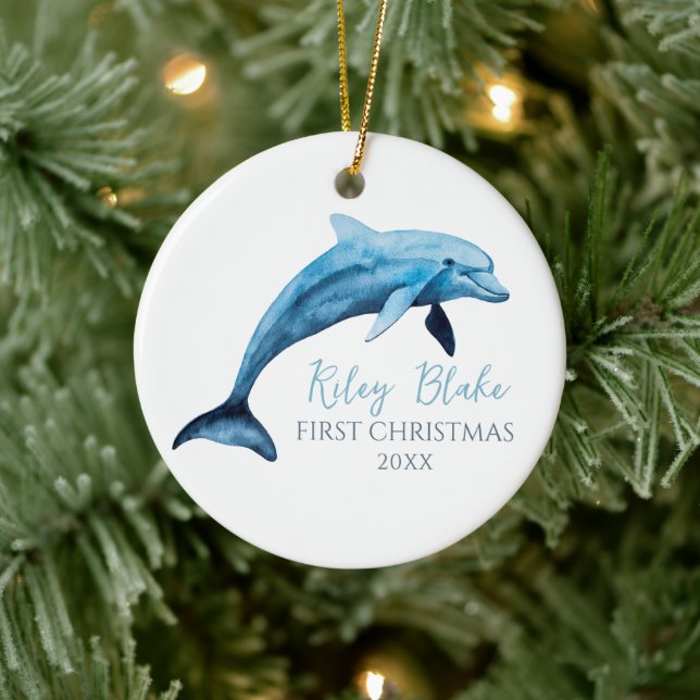 Dolphin Illustration Baby First Christmas Ceramic Ornament (Tree)