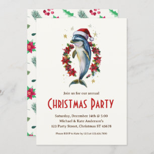Dolphin in a Santa Hat Poinsettias Christmas Party Invitation