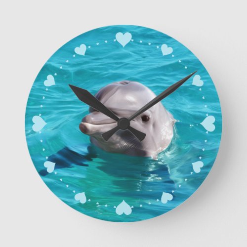 Dolphin in Blue Water Hearts Love Round Clock