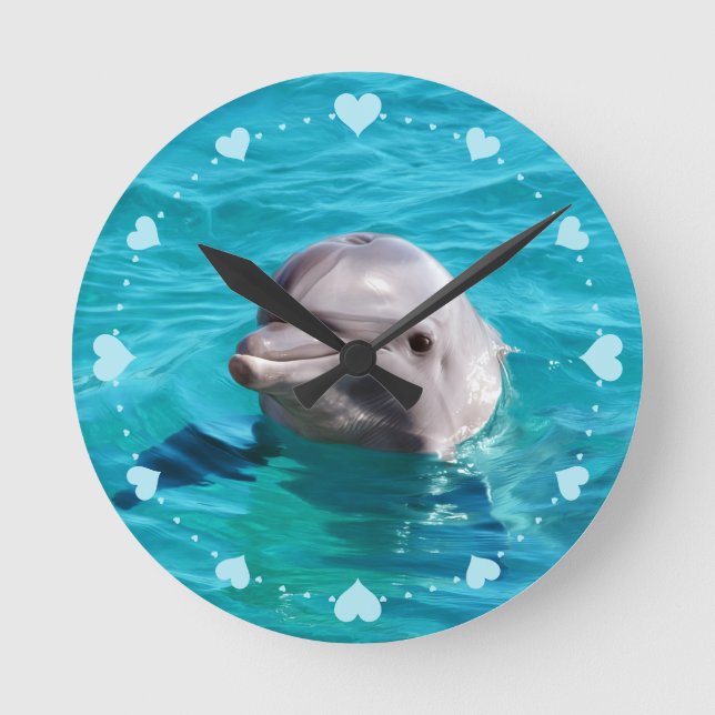 Dolphin in Blue Water Hearts Love Round Clock (Front)