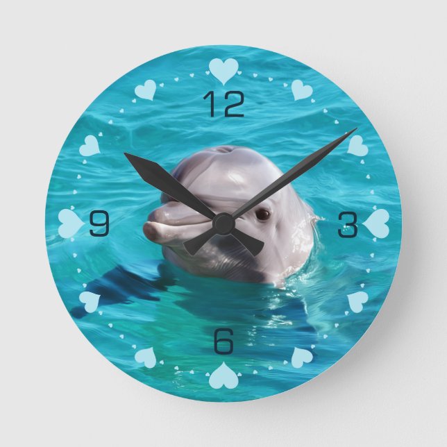 Dolphin in Blue Water Hearts Numbered Round Clock (Front)
