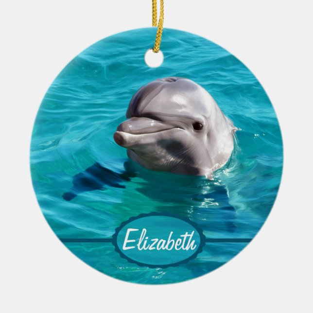 Dolphin in Blue Water Photo Ceramic Ornament (Front)