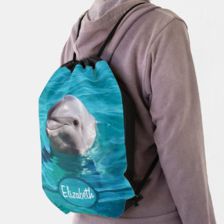 Dolphin in Blue Water Photo Drawstring Bag