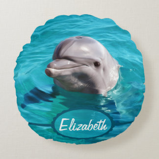 Dolphin in Blue Water Photo Round Pillow