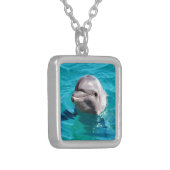 Dolphin in Blue Water Photo Silver Plated Necklace (Front Left)
