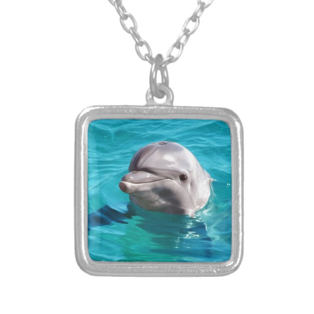 Dolphin in Blue Water Photo Silver Plated Necklace (Front)