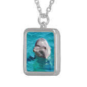 Dolphin in Blue Water Photo Silver Plated Necklace (Front Right)
