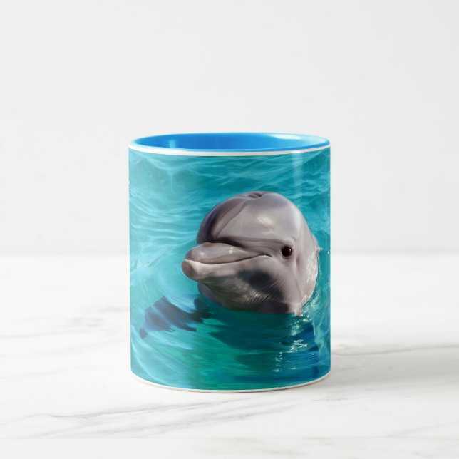 Dolphin in Blue Water Photo Two-Tone Coffee Mug (Center)