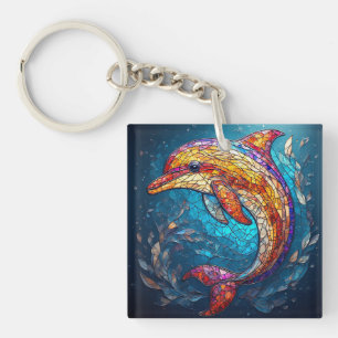 Dolphin in Intricate Stained Glass Artistic Style Keychain