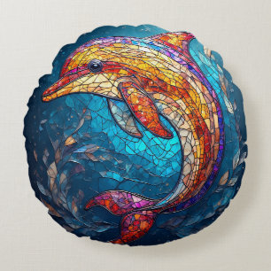 Dolphin in Intricate Stained Glass Artistic Style Round Pillow