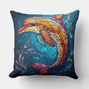 Dolphin in Intricate Stained Glass Artistic Style Throw Pillow