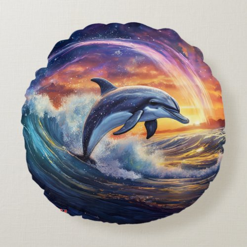 Dolphin In The Galaxy Design by Rich AmeN Gill Round Pillow