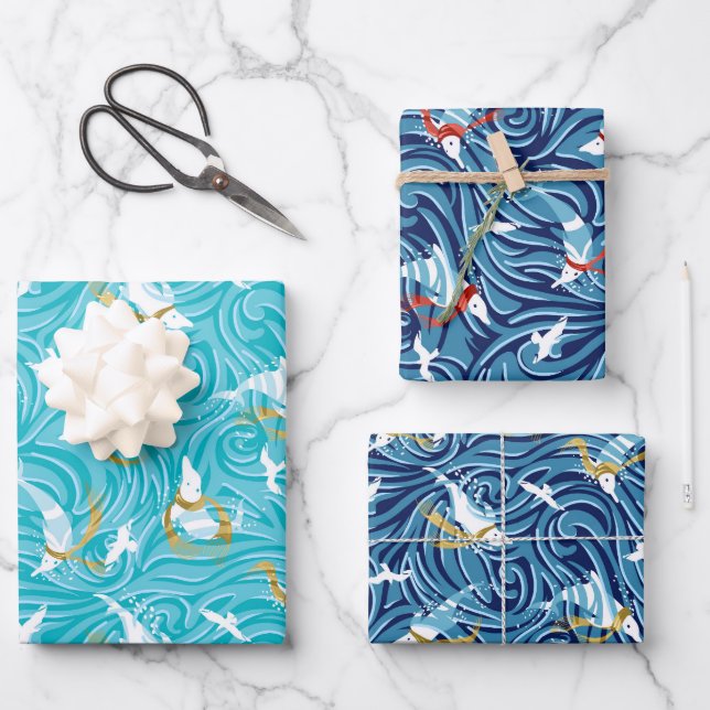 Dolphin Joy Tropical Ocean Nautical Christmas Wrapping Paper Sheets (Front)