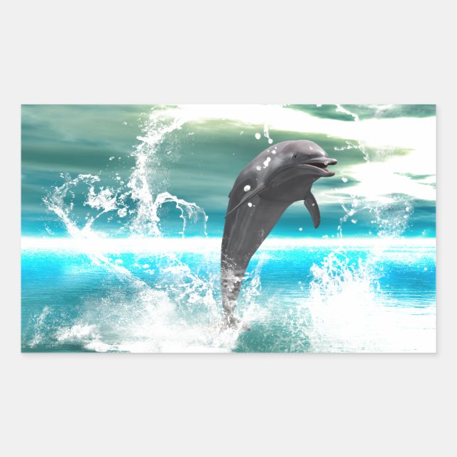 Dolphin jumping in the sea with waves as heart rectangular sticker (Front)
