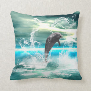 Dolphin jumping in the sea with waves as heart throw pillow