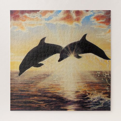 Dolphin jumping out of sea at sunsetsunrise jigsaw puzzle