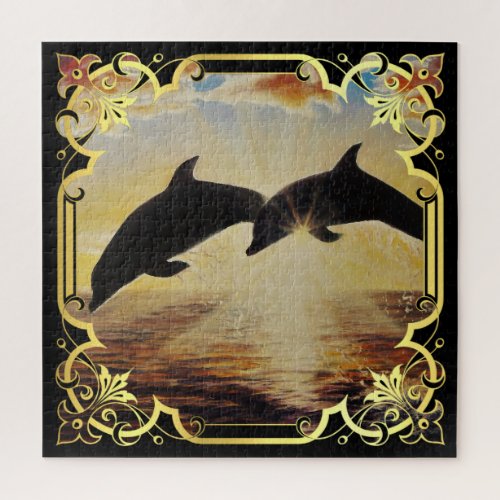 Dolphin jumping out of sea at sunsetsunrise jigsaw puzzle