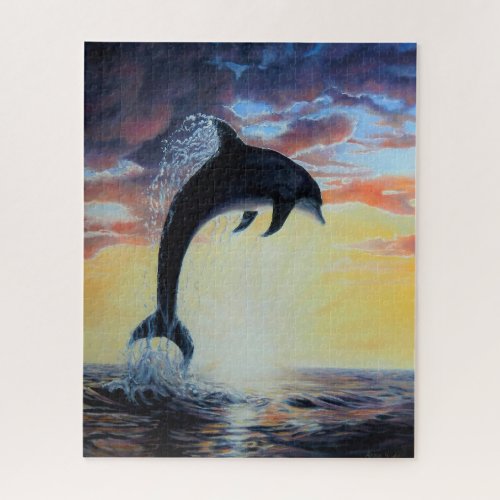 Dolphin jumping out of sea at sunsetsunrise jigsaw puzzle