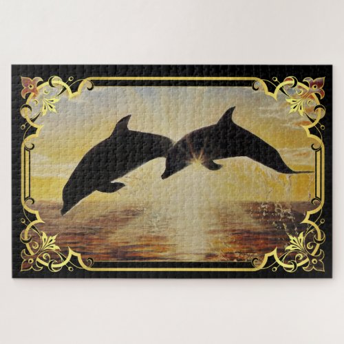 Dolphin jumping out of sea at sunsetsunrise jigsaw puzzle