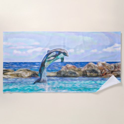 Dolphin Jumping Out of the Water Fractal Art Beach Towel
