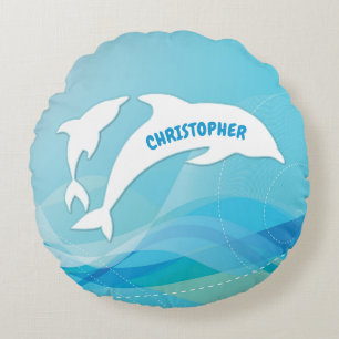 Dolphin Leaping in Ocean Personalized Round Pillow