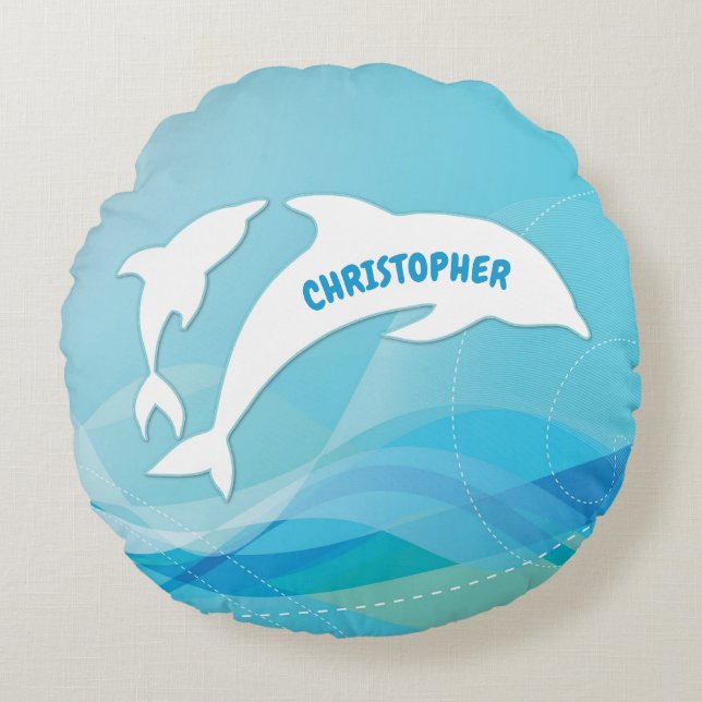 Dolphin Leaping in Ocean Personalized Round Pillow (Front)