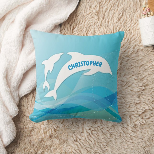 Dolphin Leaping in Ocean Personalized Throw Pillow (Blanket)