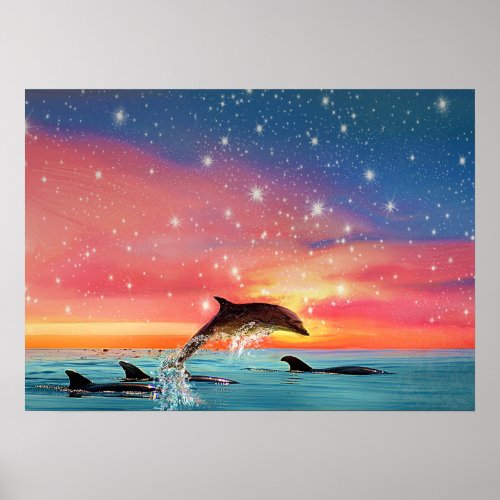 Dolphin Leaping  Whimsical Animal Sea and Stars Poster