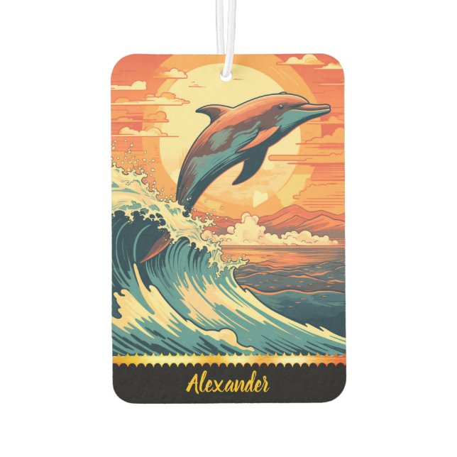 Dolphin leaps over sunset waves air freshener (Back)