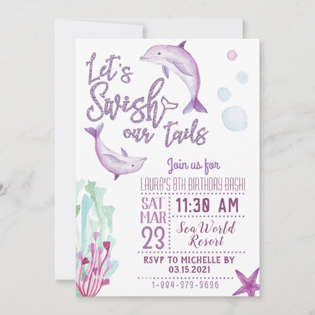 Dolphin Let's Swish Our Tails Birthday Invitation (Front)