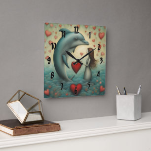 Dolphin Love 1 Square Wall Clock