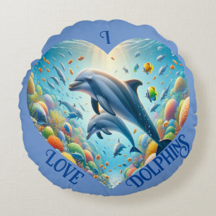 Dolphin Love Customizable  Round Pillow