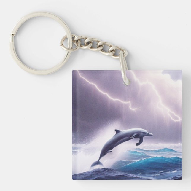 Dolphin Magic in a Stormy Sea: A Captivating Scene Keychain (Front)