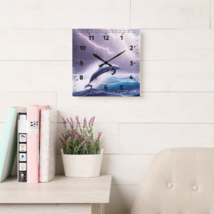 Dolphin Magic in a Stormy Sea: A Captivating Scene Square Wall Clock