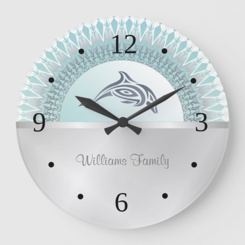 Dolphin Mandala Silver Coastal Family Name Large Clock