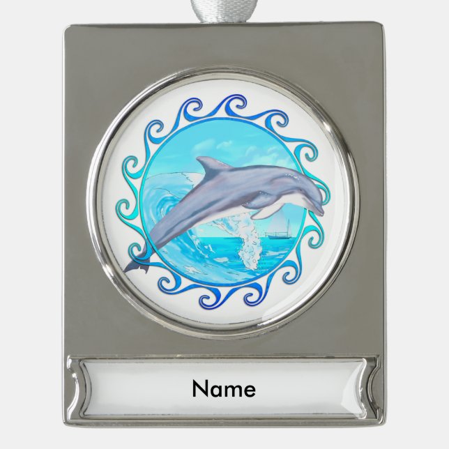 Dolphin Maori Sun Silver Plated Banner Ornament (Front)