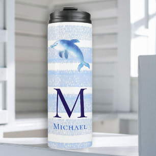 Dolphin Monogram Stripes Beach Nautical Watercolor Thermal Tumbler