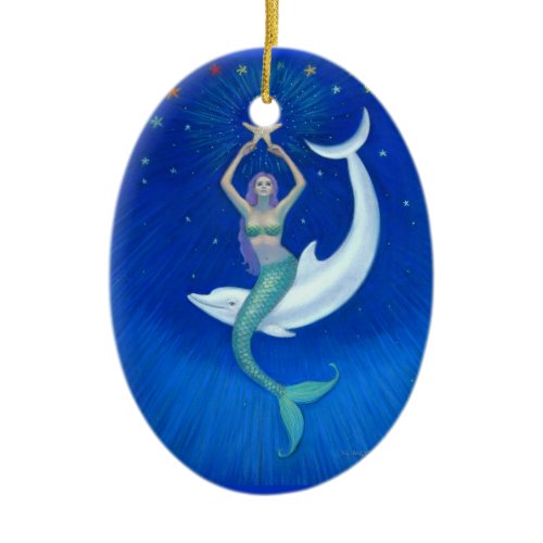Dolphin Moon Mermaid Oval Christmas Ornament