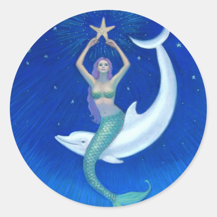 Dolphin Moon Mermaid Round Sticker