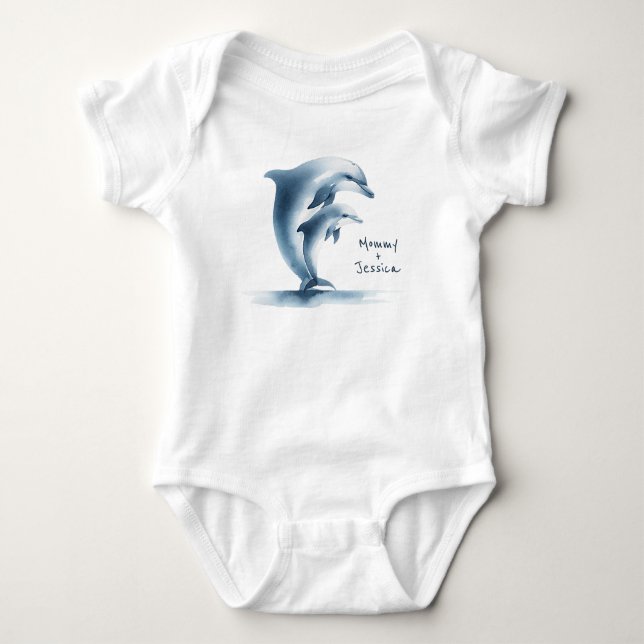 Dolphin Mother Baby Blue Watercolor Personalized Baby Bodysuit (Front)