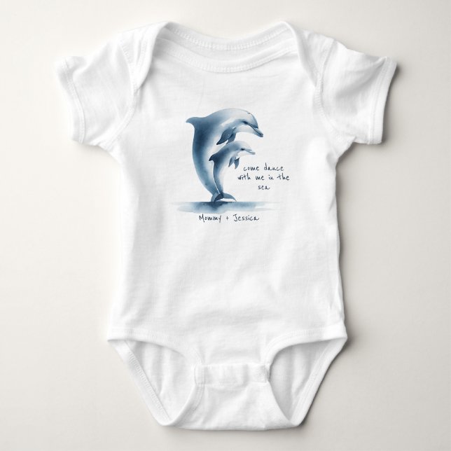 Dolphin Mother Baby Blue Watercolor Personalized Bodysuit (Front)