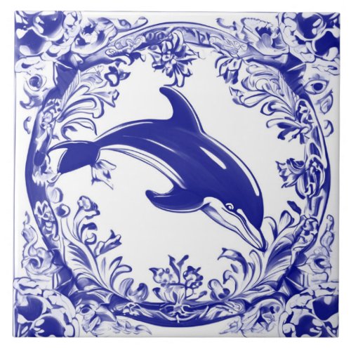 Dolphin Navy Blue and White Sea Ocean Beach House Ceramic Tile