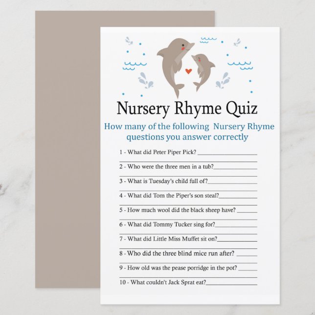 Dolphin Nursery Rhyme Quiz baby shower game (Front/Back)